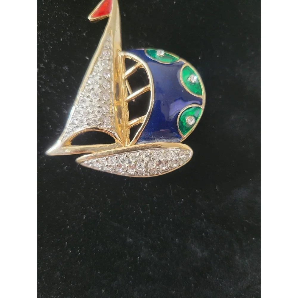 Vintage Style Sailboat Brooch Pin Gold Tone Clear Rhinestones Blue Green Enamel